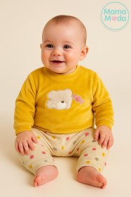 بجامة مخمل قطعتين بناتي ولادي رسمة دبدوب وببيونه جمراء