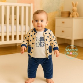 بجامة 3قطع منقطه رسمة 3 ارانب على البلوزة