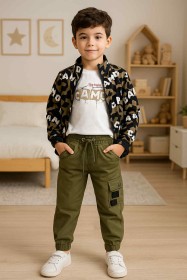 طقم ولادي خريفي 3 قطع جكيت وبلوزة وبنطلون game جيشي